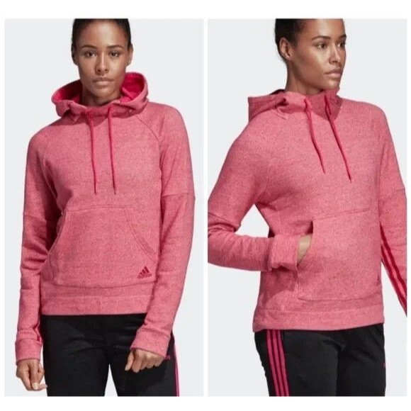 Adidas Womens Large Pink Pullover Hoodie Sweatshirt Kangaroo Pocket Hi Low Hem - Picture 5 of 8